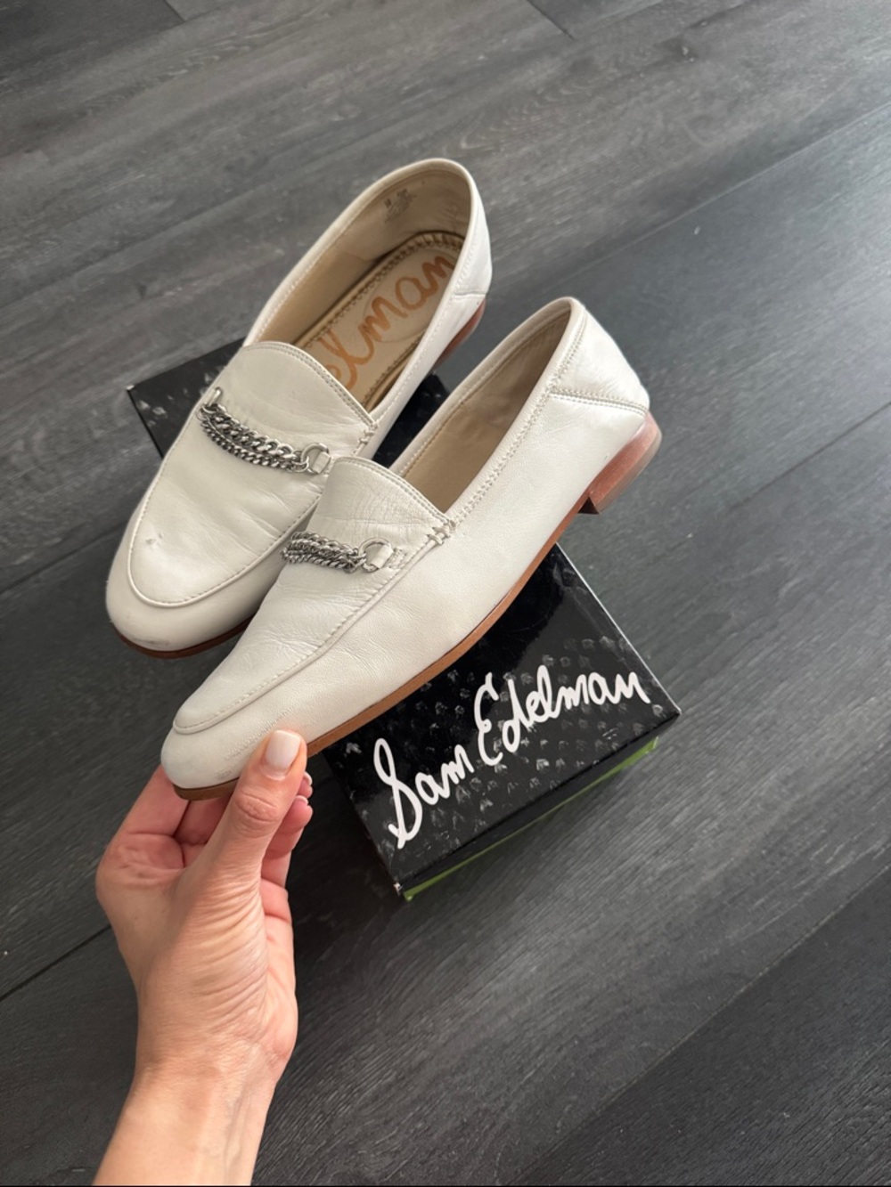 Sam Edelman Lorenzo White Leather Loafers with Silver Chain